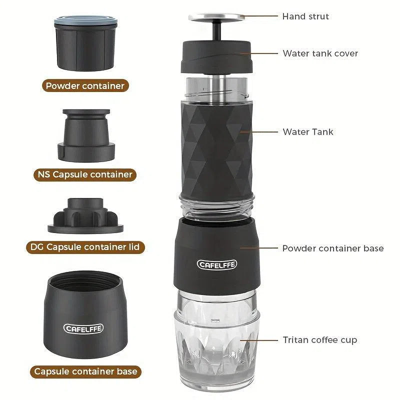 Espressor portabil 3 în 1 - compatibil cu capsule Nespresso, Dolce Gusto și cafea măcinată, ideal pentru acasă și călătorii