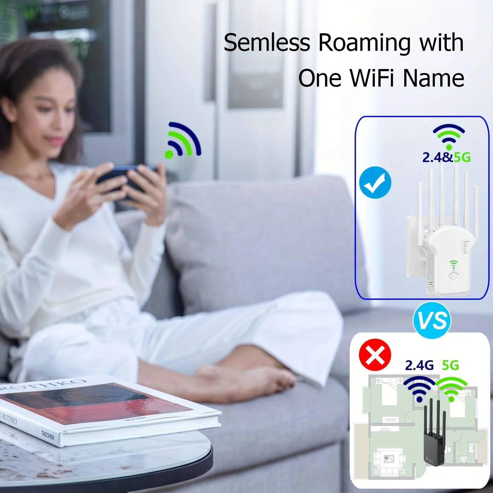 Extender Wi-Fi 1200 Mbps Dual-Band 2.4 &amp; 5 GHz – Amplificator Wi-Fi cu 6 Antene, Acoperire 360°, Suport 35 Dispozitive și Port Ethernet