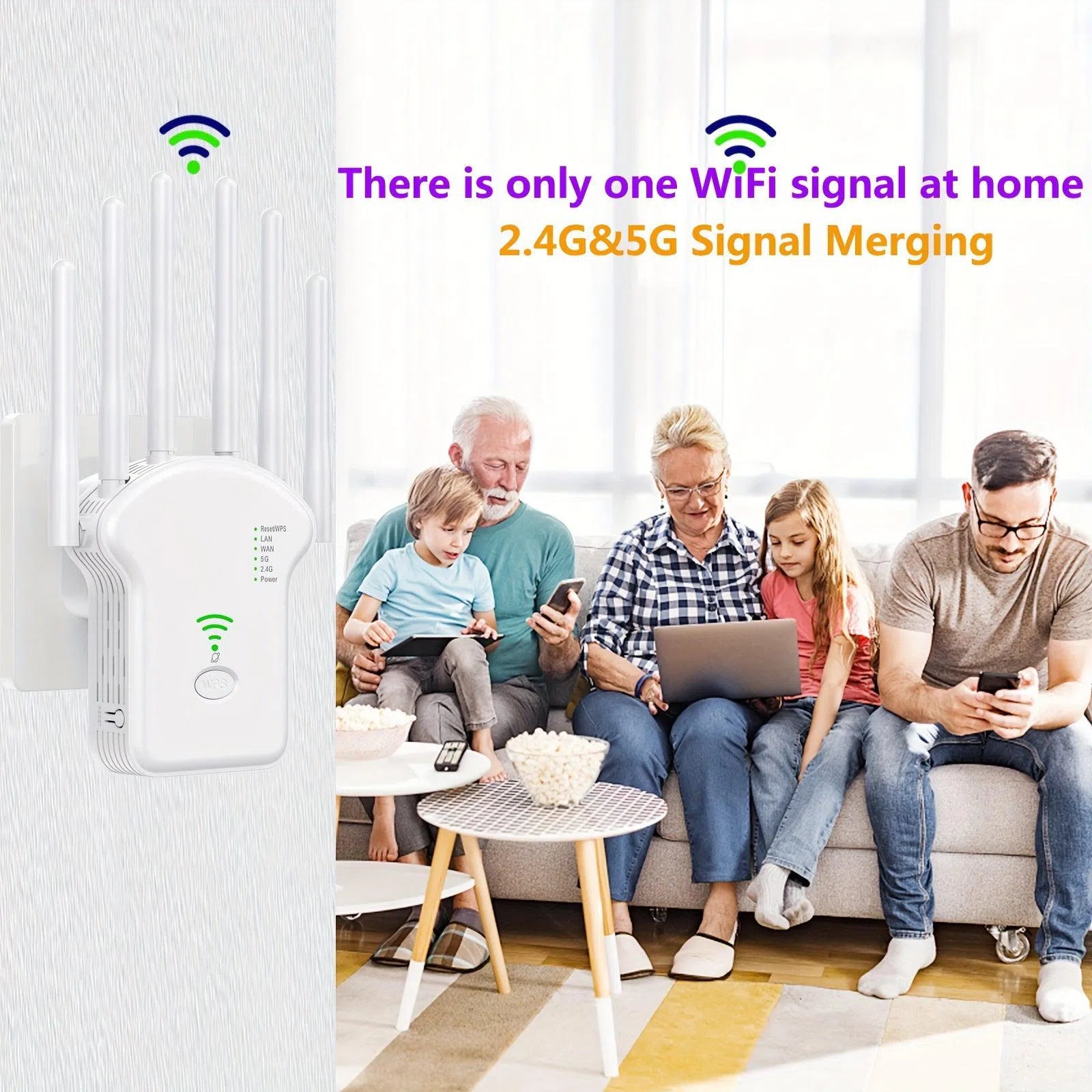 Extender Wi-Fi 1200 Mbps Dual-Band 2.4 &amp; 5 GHz – Amplificator Wi-Fi cu 6 Antene, Acoperire 360°, Suport 35 Dispozitive și Port Ethernet