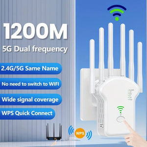 Extender Wi-Fi 1200 Mbps Dual-Band 2.4 &amp; 5 GHz – Amplificator Wi-Fi cu 6 Antene, Acoperire 360°, Suport 35 Dispozitive și Port Ethernet