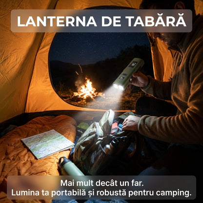 Far LED Bicicletă 3-în-1 cu Power Bank 3000mAh, Afișaj Digital, Încărcare USB-C și Funcție Lanternă, Verde Militar