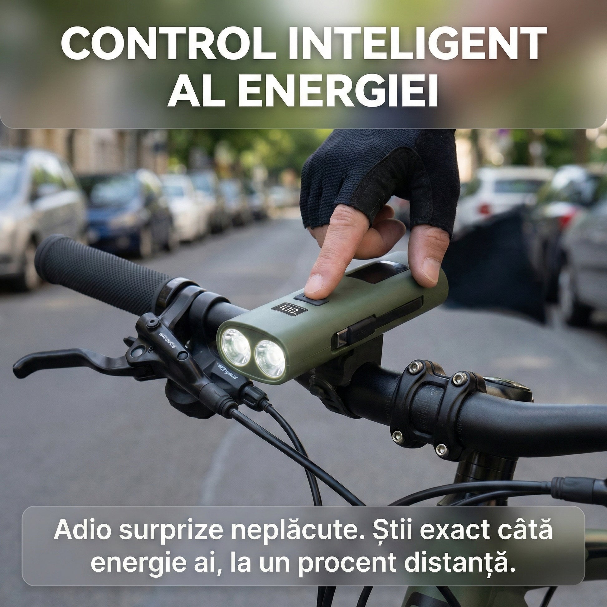 Far LED Bicicletă 3-în-1 cu Power Bank 3000mAh, Afișaj Digital, Încărcare USB-C și Funcție Lanternă, Verde Militar