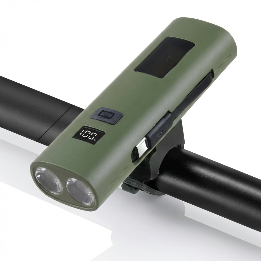 Far LED Bicicletă 3-în-1 cu Power Bank 3000mAh, Afișaj Digital, Încărcare USB-C și Funcție Lanternă, Verde Militar