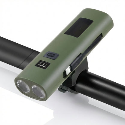 Far LED Bicicletă 3-în-1 cu Power Bank 3000mAh, Afișaj Digital, Încărcare USB-C și Funcție Lanternă, Verde Militar