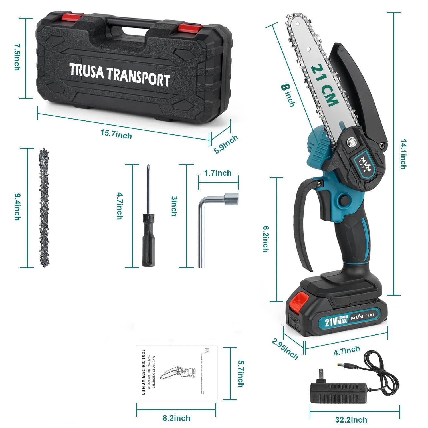 Fierăstrău Electric cu Lama de 21 cm, 2 Acumulatori 48V, 2 Lanțuri, Trusă și Accesorii Incluse