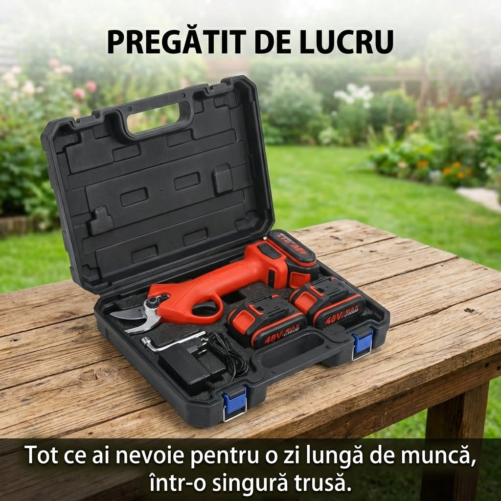 Foarfecă Electrică de Grădină cu 2 Acumulatori 48V (5000mAh) - Kit Complet Tăiere Crengi & Cutie Transport