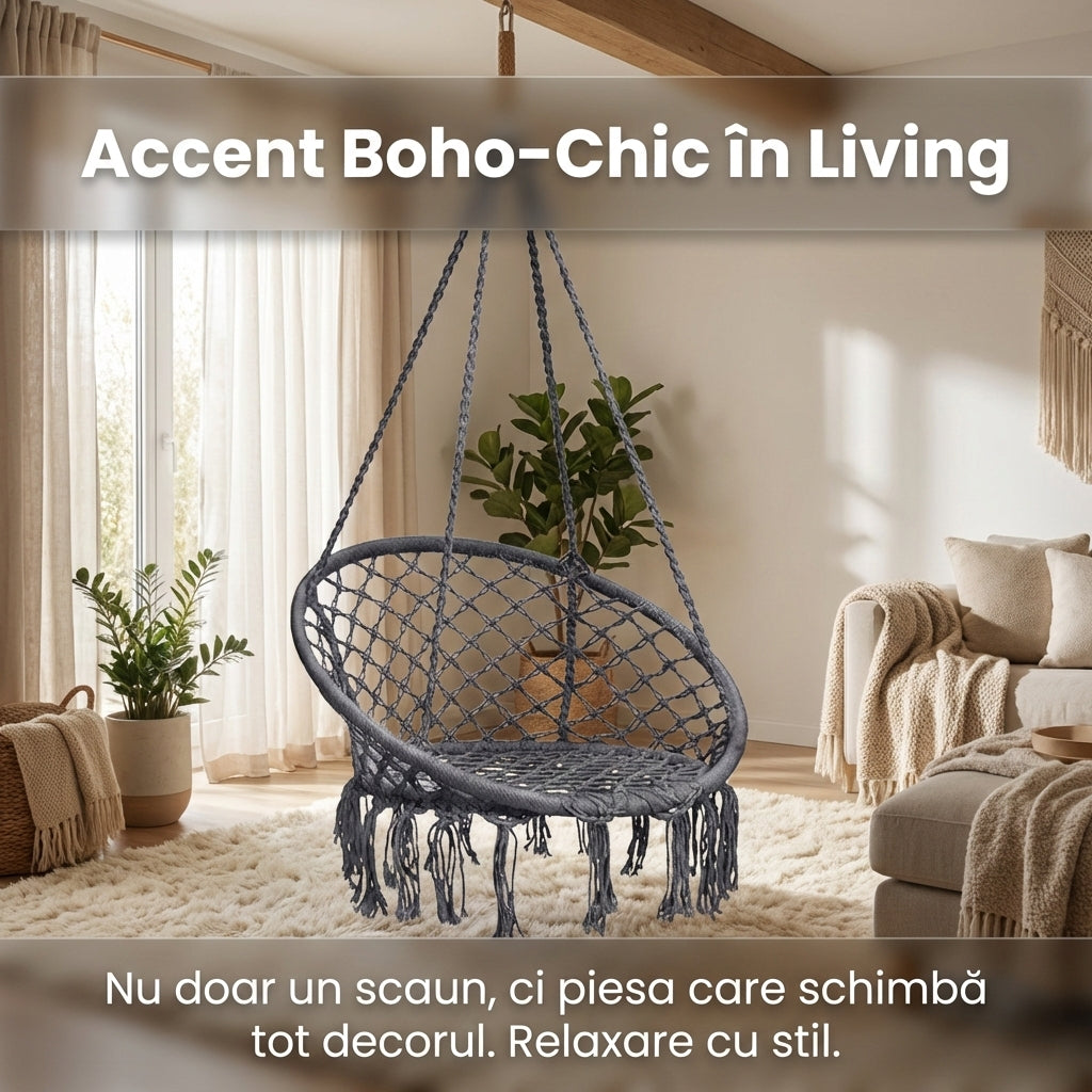 Fotoliu Suspendat Tip Leagăn Brazilian, Stil Boho cu Franjuri, 80cm, Sarcină Maximă 150kg, Cadru Oțel, Gri/Bej