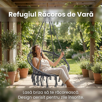 Fotoliu Suspendat Tip Leagăn Brazilian, Stil Boho cu Franjuri, 80cm, Sarcină Maximă 150kg, Cadru Oțel, Gri/Bej