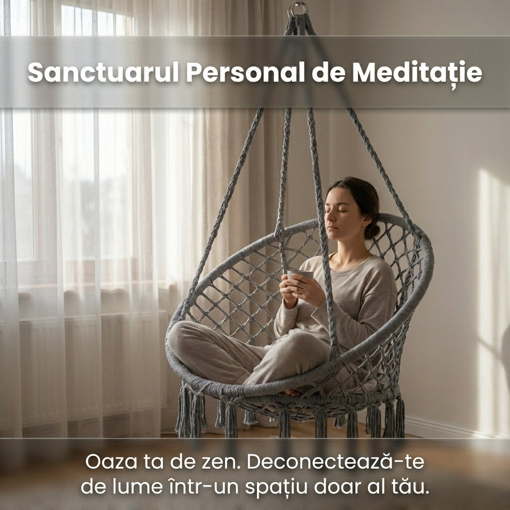 Fotoliu Suspendat Tip Leagăn Brazilian, Stil Boho cu Franjuri, 80cm, Sarcină Maximă 150kg, Cadru Oțel, Gri/Bej