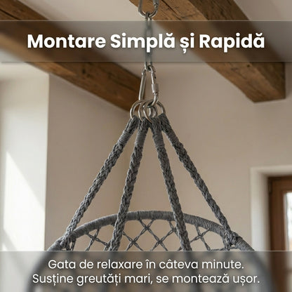 Fotoliu Suspendat Tip Leagăn Brazilian, Stil Boho cu Franjuri, 80cm, Sarcină Maximă 150kg, Cadru Oțel, Gri/Bej