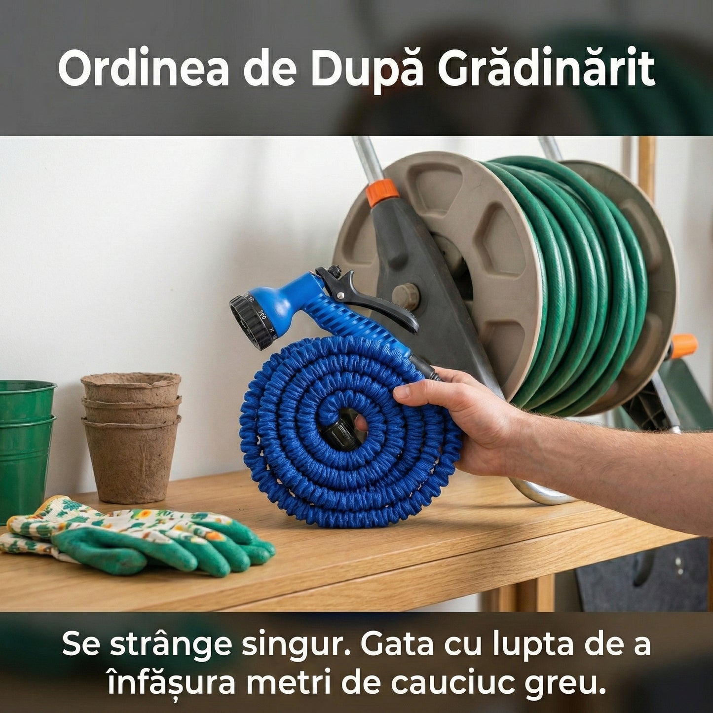 Furtun Extensibil Magic Hose 60m cu Pistol de Udat Reglabil, Anti-Încâlcire, Compact și Ușor, Albastru