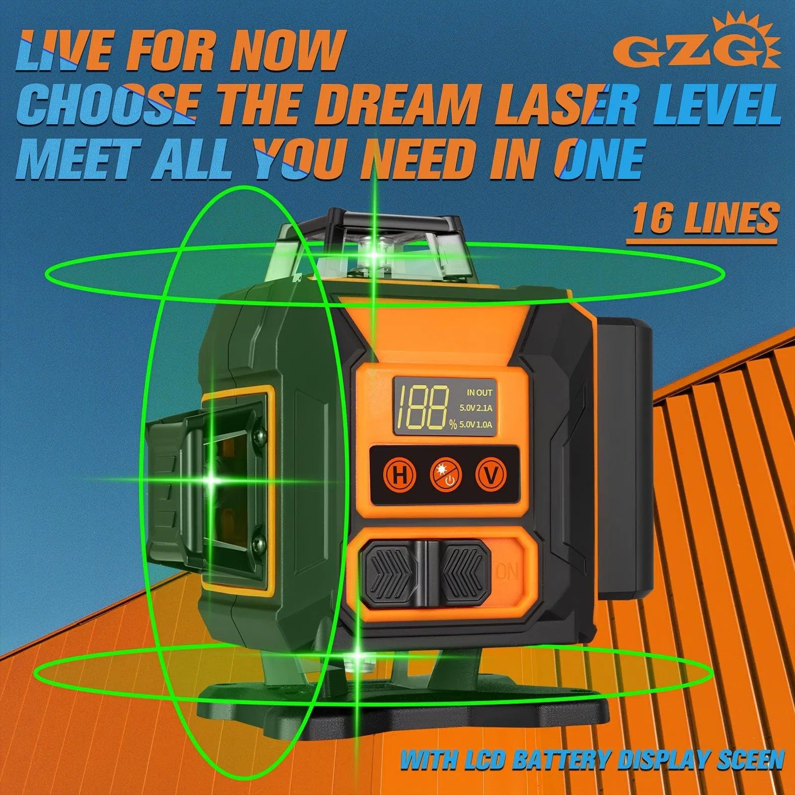 GZG Laser 4x360 cu Nivelare Automată – 16 Linii cu Fascicul Verde, Mod Puls pentru Construcții și Placări – Reîncărcabil USB, Afișaj LCD și Telecomandă