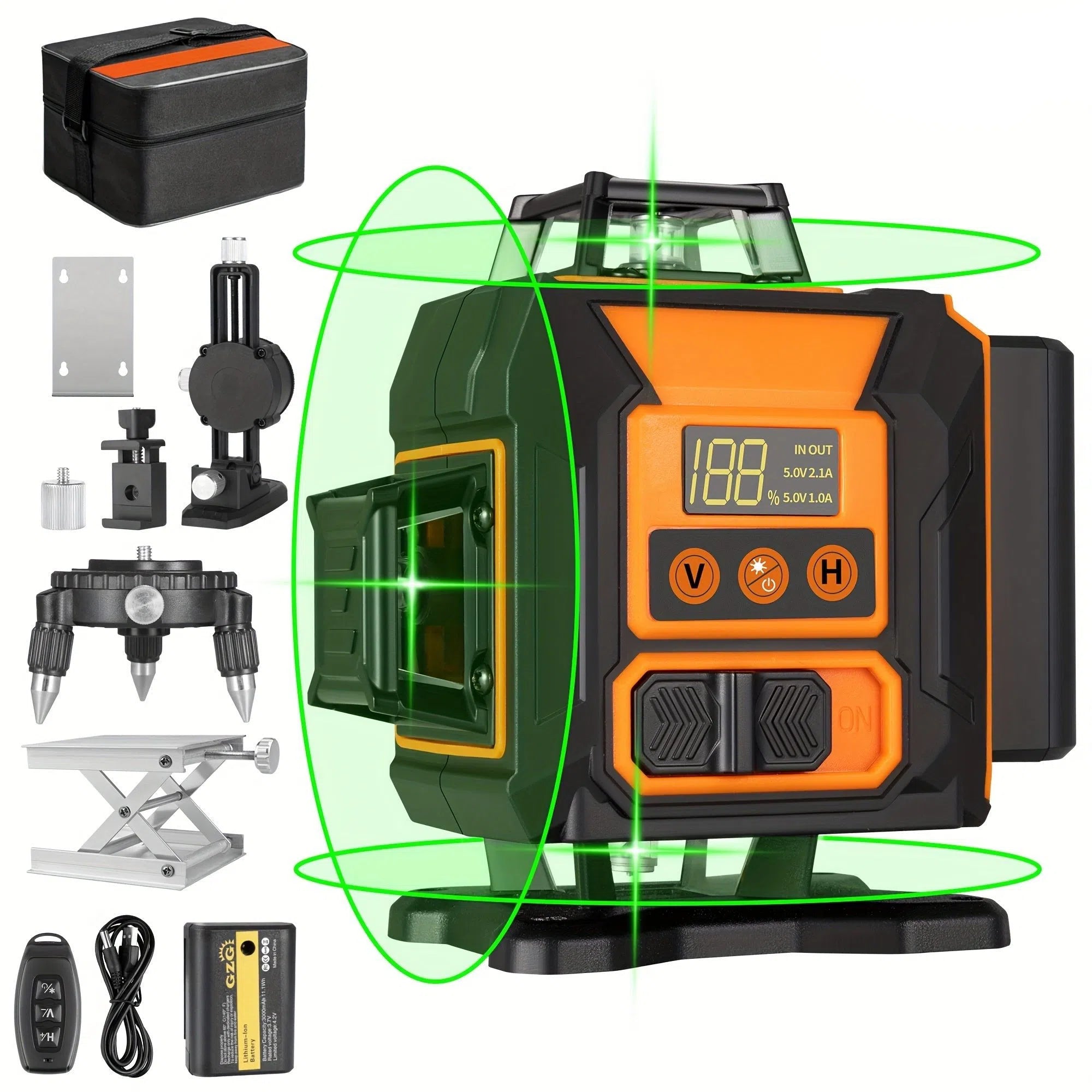 GZG Laser 4x360 cu Nivelare Automată – 16 Linii cu Fascicul Verde, Mod Puls pentru Construcții și Placări – Reîncărcabil USB, Afișaj LCD și Telecomandă