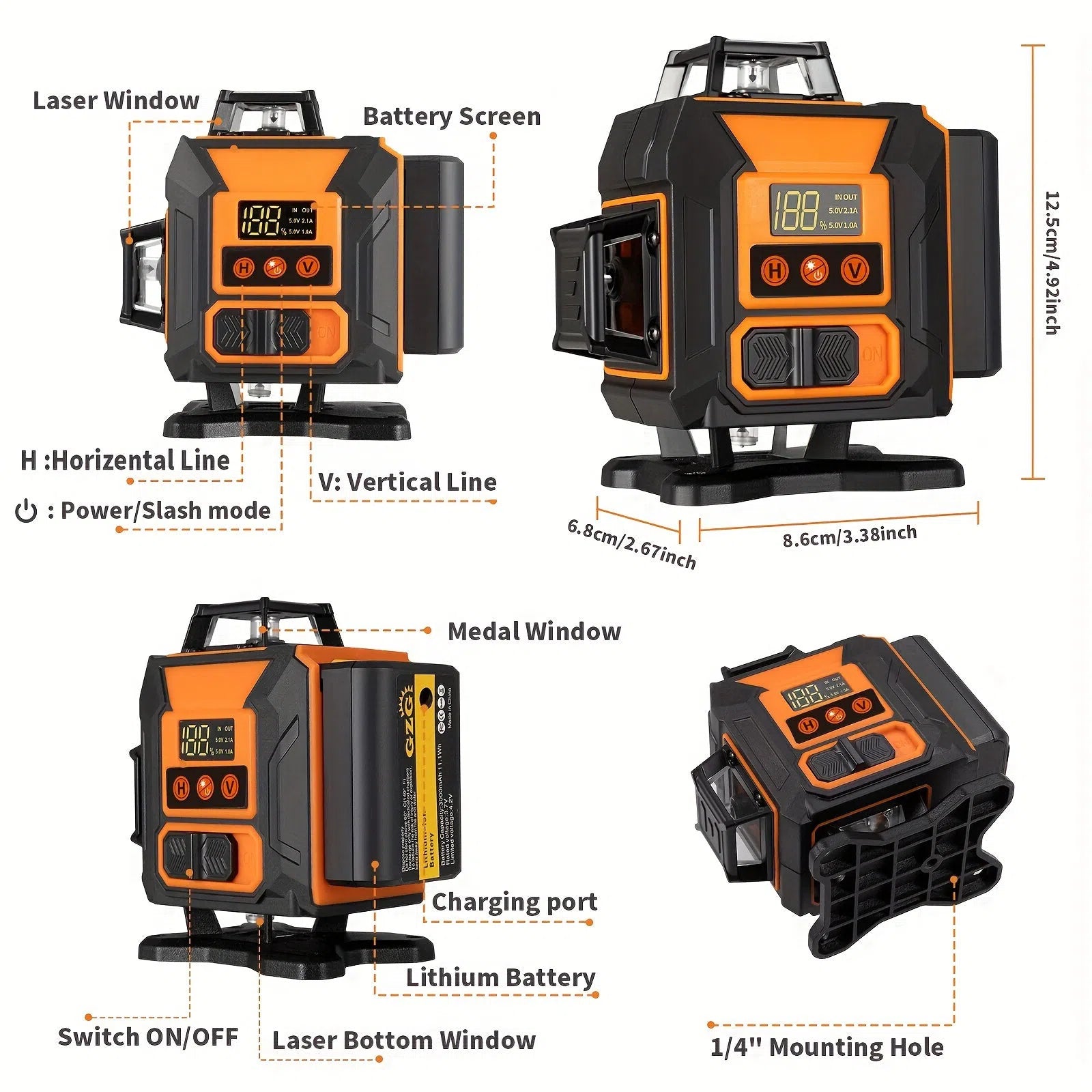 GZG Laser 4x360 cu Nivelare Automată – 16 Linii cu Fascicul Verde, Mod Puls pentru Construcții și Placări – Reîncărcabil USB, Afișaj LCD și Telecomandă