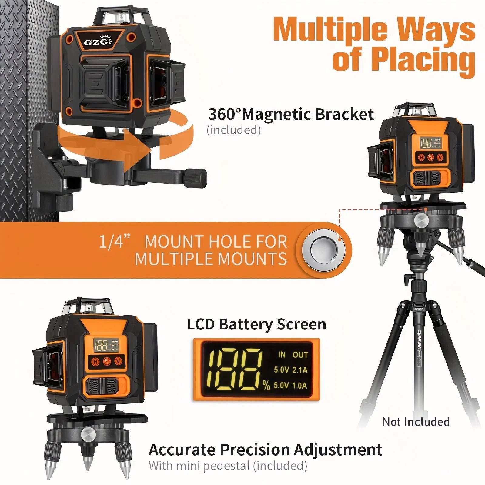 GZG Laser 4x360 cu Nivelare Automată – 16 Linii cu Fascicul Verde, Mod Puls pentru Construcții și Placări – Reîncărcabil USB, Afișaj LCD și Telecomandă