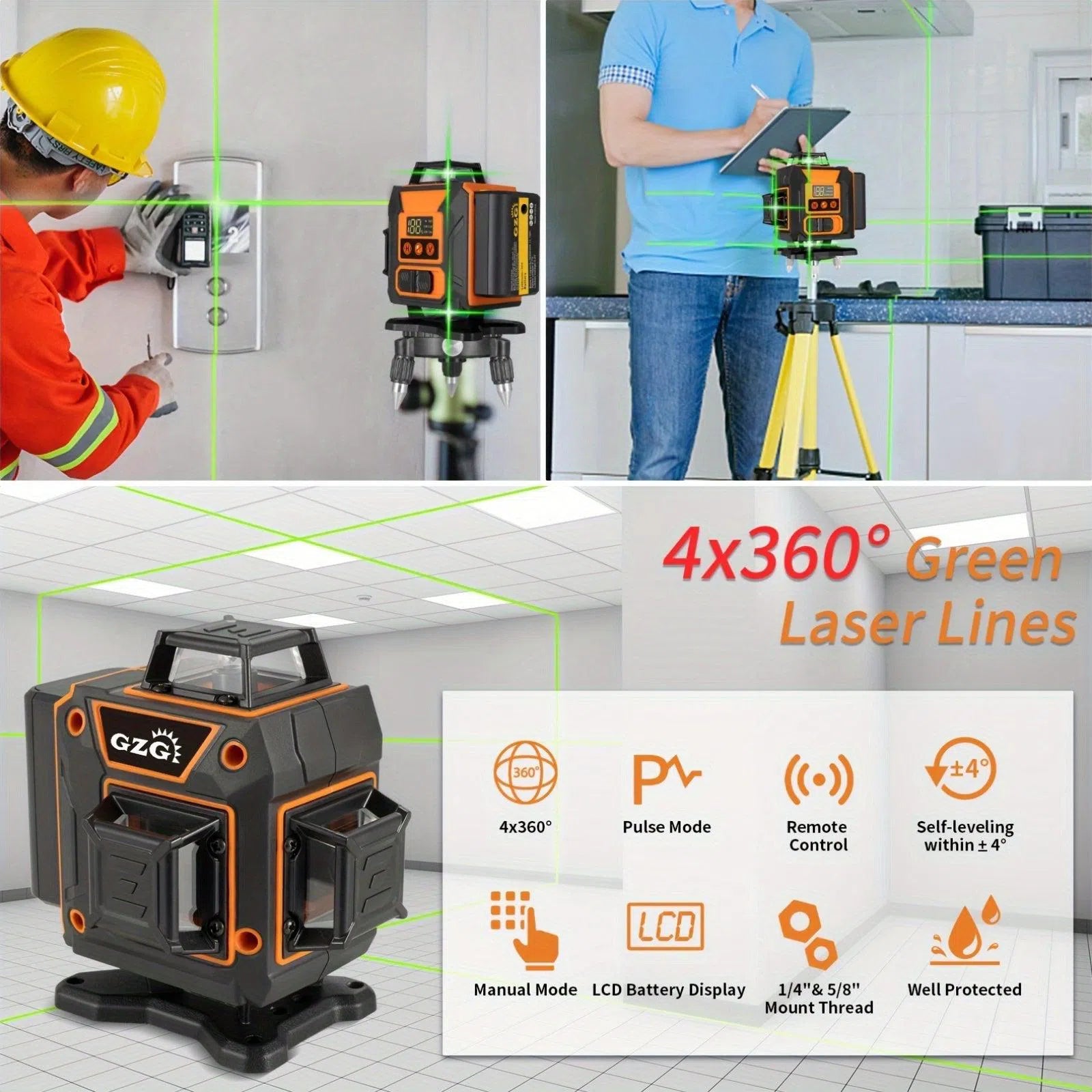 GZG Laser 4x360 cu Nivelare Automată – 16 Linii cu Fascicul Verde, Mod Puls pentru Construcții și Placări – Reîncărcabil USB, Afișaj LCD și Telecomandă