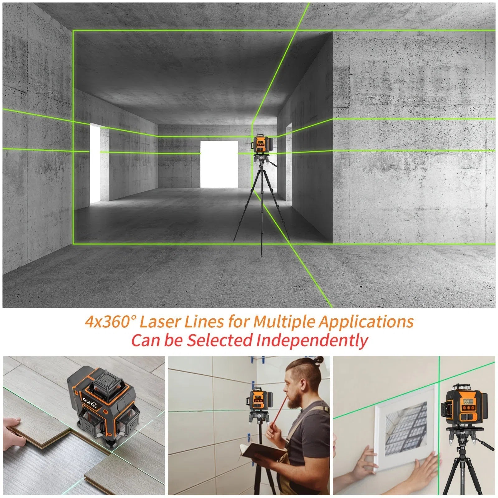 GZG Laser 4x360 cu Nivelare Automată – 16 Linii cu Fascicul Verde, Mod Puls pentru Construcții și Placări – Reîncărcabil USB, Afișaj LCD și Telecomandă