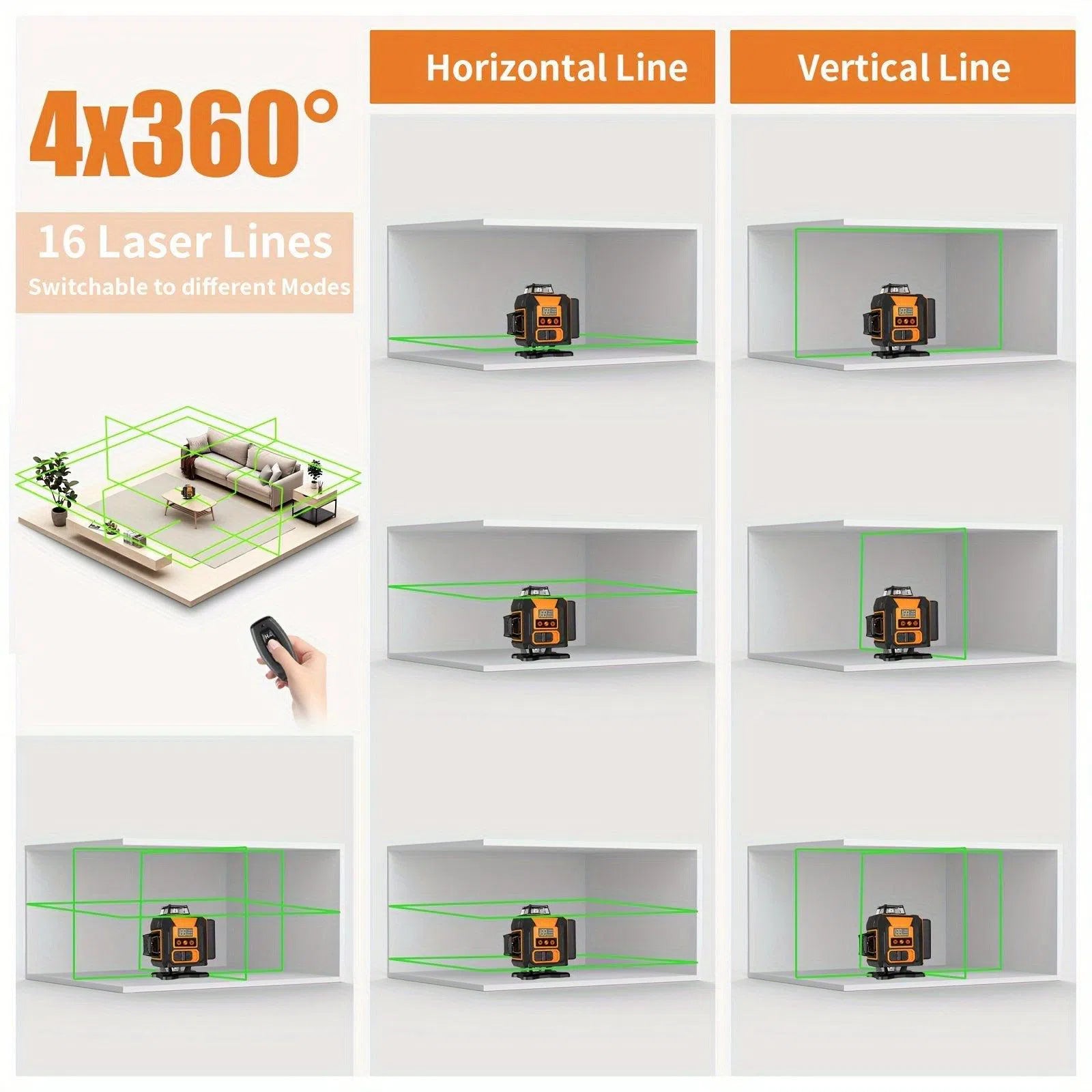 GZG Laser 4x360 cu Nivelare Automată – 16 Linii cu Fascicul Verde, Mod Puls pentru Construcții și Placări – Reîncărcabil USB, Afișaj LCD și Telecomandă