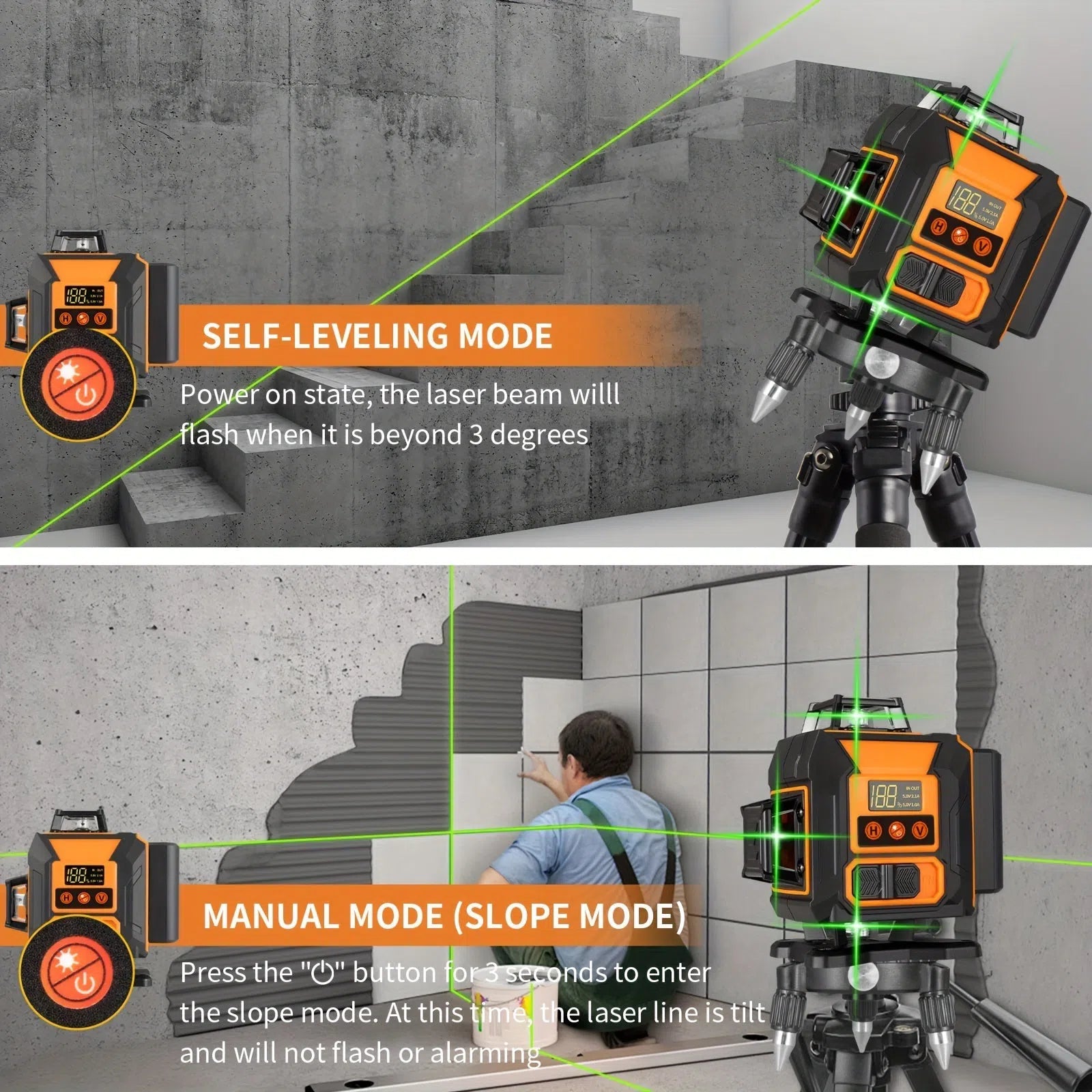 GZG Laser 4x360 cu Nivelare Automată – 16 Linii cu Fascicul Verde, Mod Puls pentru Construcții și Placări – Reîncărcabil USB, Afișaj LCD și Telecomandă