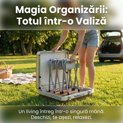 Set Masă Camping Pliabilă Tip Valiză cu 4 Scaune, Cadru Aluminiu, Blat MDF Impermeabil, Reglabilă pe Înălțime, Aspect Lemn