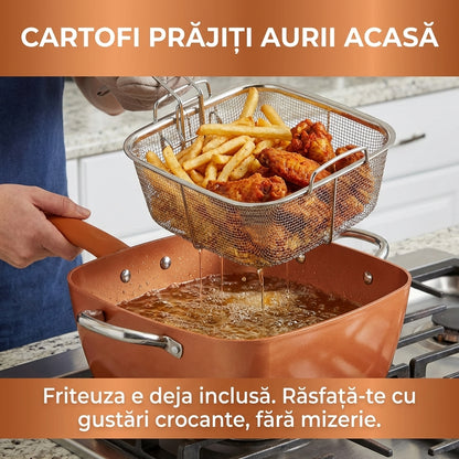 Set Tigaie Pătrată Multifuncțională 5-în-1, Ceramică Antiaderentă, Compatibilă Inducție și Cuptor, 24cm