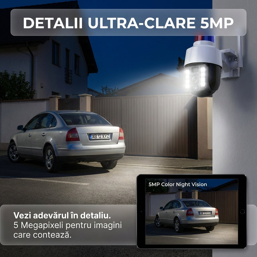 Cameră Supraveghere WiFi Exterior PTZ 5MP cu Sirenă Poliție și Girofar, Rotire 360°, Urmărire Automată, Night Vision Color, V380 Pro