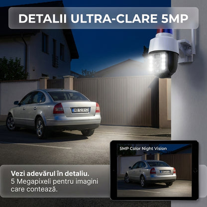 Cameră Supraveghere WiFi Exterior PTZ 5MP cu Sirenă Poliție și Girofar, Rotire 360°, Urmărire Automată, Night Vision Color, V380 Pro