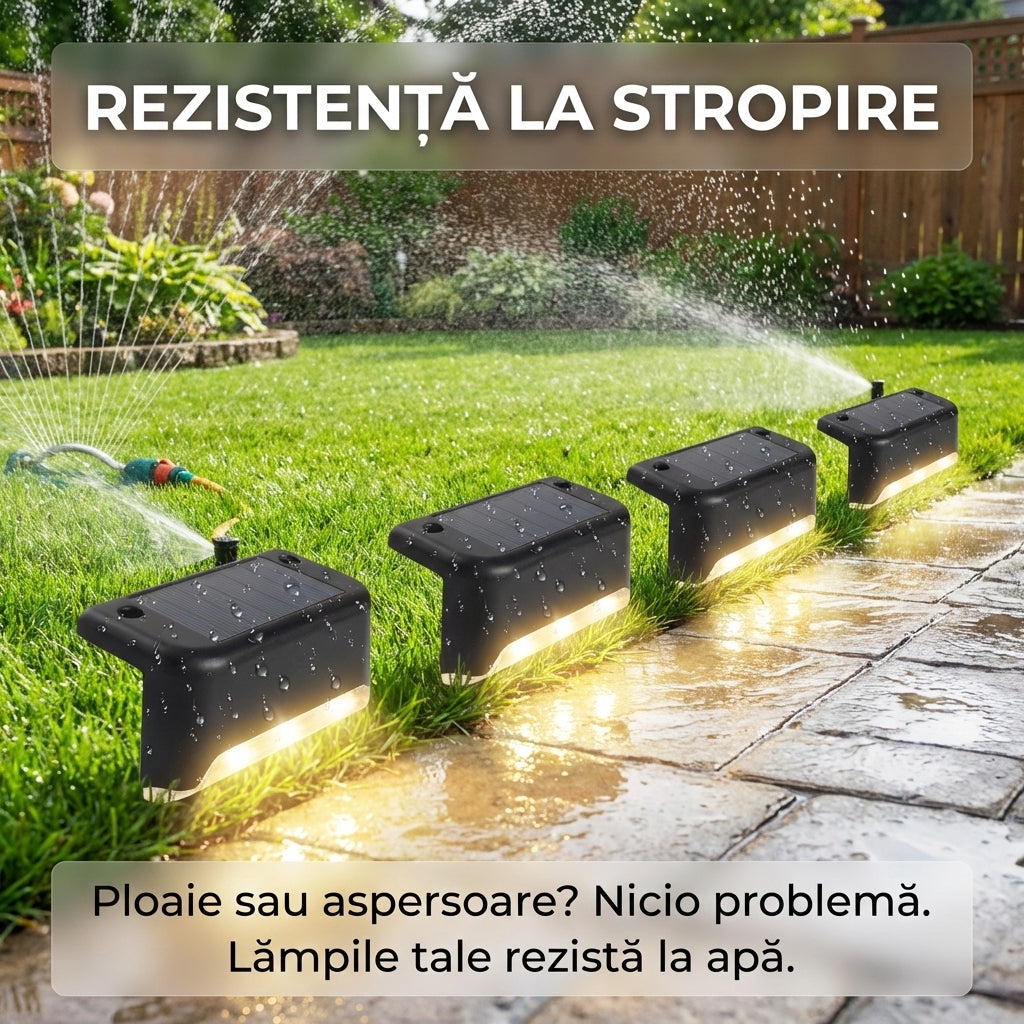 Set 4 Lămpi Solare LED pentru Trepte și Gard, Lumină Caldă, Impermeabile, Negru