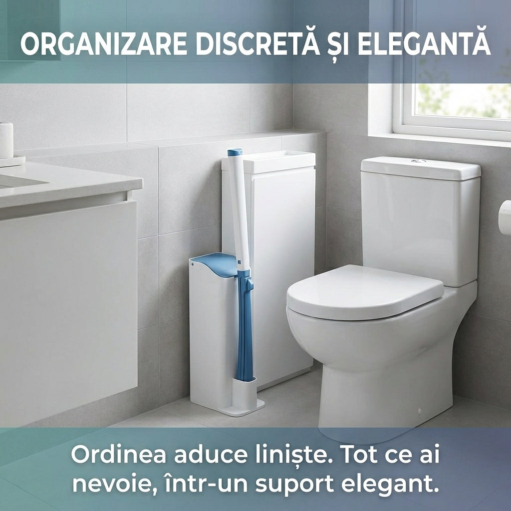 Set Perie WC Igienică de Unică Folosință, Mâner Lung, Suport Depozitare + 8 Rezerve de Curățare, Alb/Albastru