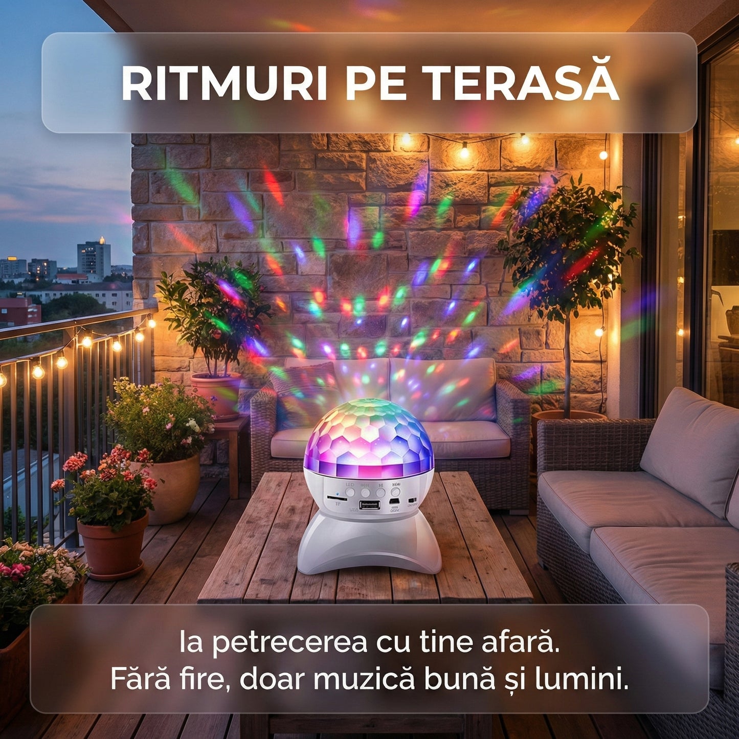 Boxă Portabilă Bluetooth cu Lumini Disco RGB, Glob de Cristal Rotativ, Radio FM, USB și Suport Card TF, Alb