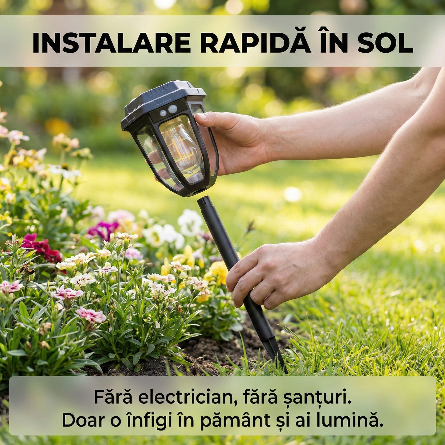 Lampă Solară Tip Felinar 18W, Senzor de Mișcare, 1200mAh, 1200 Lumeni, Suport Inclus, Negru