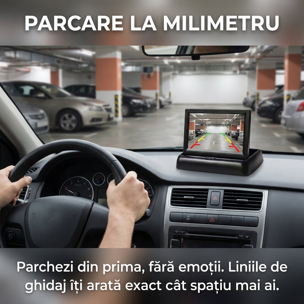 Kit Cameră Marșarier cu Monitor LCD Pliabil 4.3 Inch, 2 Intrări Video, Compatibil 12V/24V, Negru