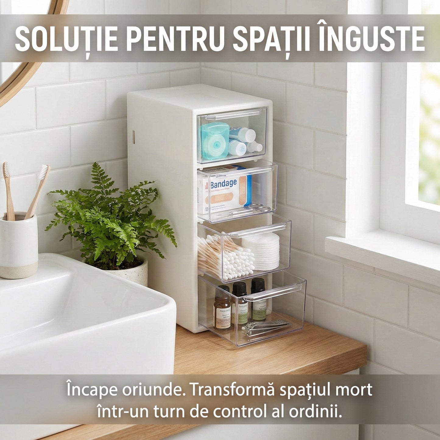 Organizator de Birou cu 4 Sertare Transparente, Cutie Depozitare Cosmetice și Accesorii, Alb, Compact