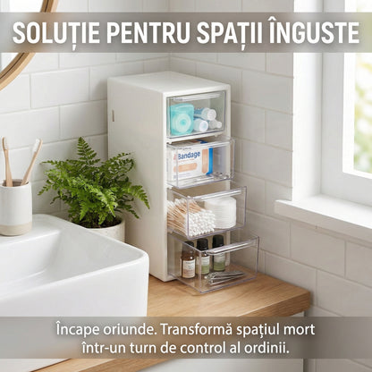 Organizator de Birou cu 4 Sertare Transparente, Cutie Depozitare Cosmetice și Accesorii, Alb, Compact