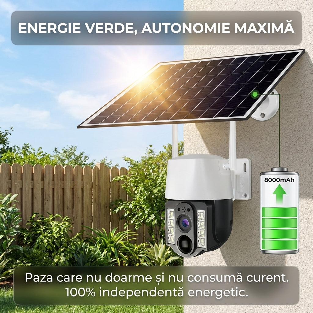 Cameră de Supraveghere Solară 4G cu Slot SIM, 3MP, Panou Solar Inclus, Acumulator 8000mAh, PTZ Rotativă, Aplicație V380 Pro