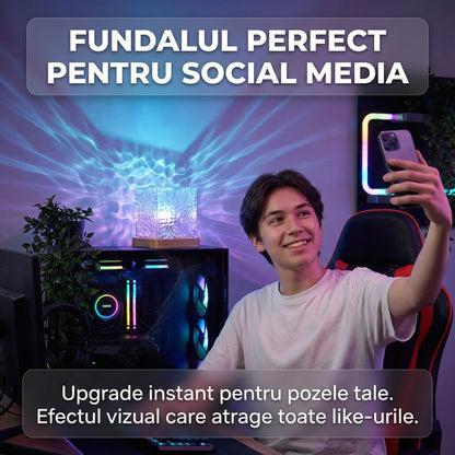 Lampă Ambientală Crystal Cube cu Proiecție Valuri de Apă, LED 3 Culori, Control Tactil, Reîncărcabilă, Efect Relaxant