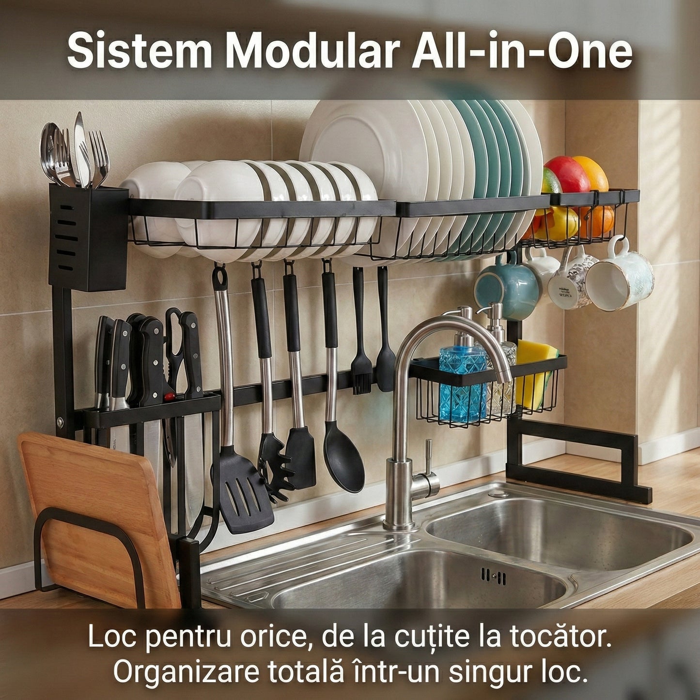 Scurgător de Vase Multifuncțional Deasupra Chiuvetei, Oțel Premium Antirugină, 85cm, Organizator Complet