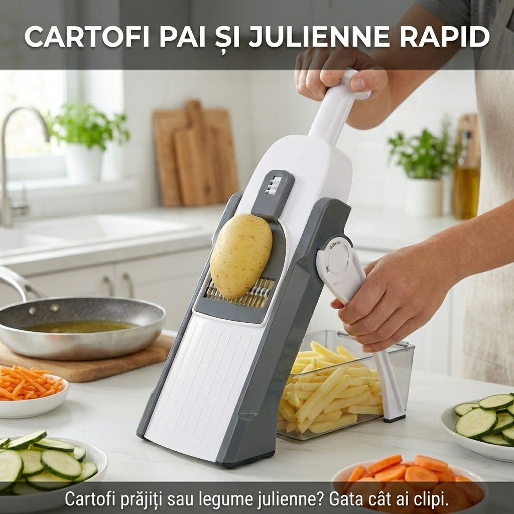 Mandolină Multifuncțională Ajustabilă (Feliator Vertical) - Tăiere Sigură, Lame Inox & Grosime Reglabilă (0.5-8mm)