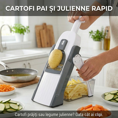 Mandolină Multifuncțională Ajustabilă (Feliator Vertical) - Tăiere Sigură, Lame Inox & Grosime Reglabilă (0.5-8mm)