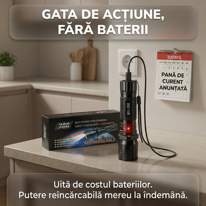 Lanternă LED de Mână Multifuncțională 3-în-1 cu Laser Roșu, Reîncărcabilă, Rezistentă la Șocuri și Apă, Acumulator Inclus