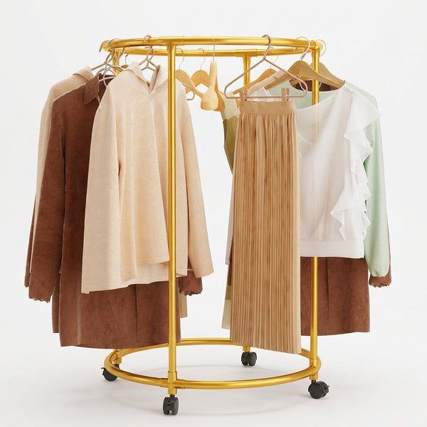Suport Rotund pentru Haine din Oțel Inoxidabil, Mobil cu Roți Pivotante, 130cm, Auriu