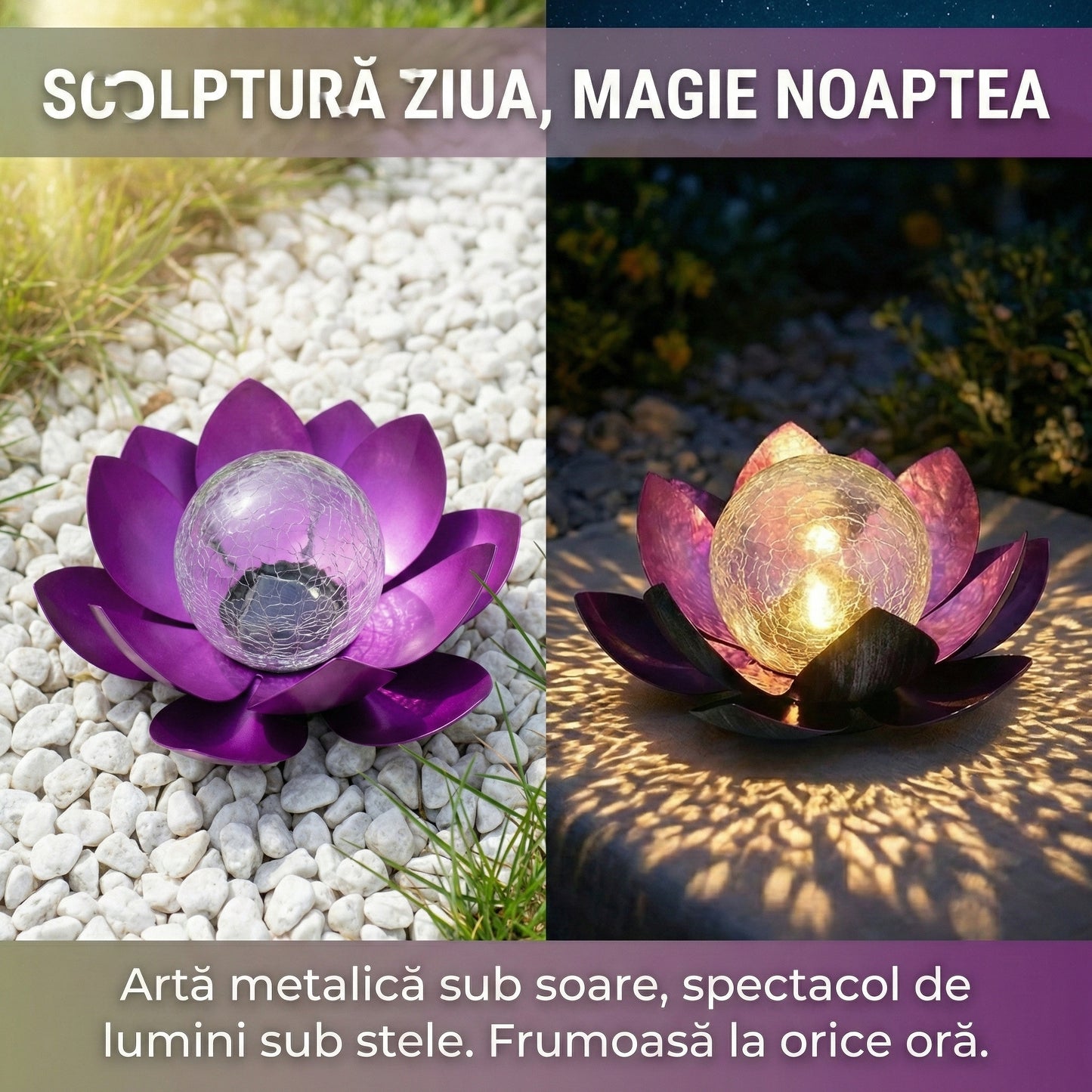 Lampă Solară Decorativă Grădină Tip Floare de Lotus, Metal și Glob de Sticlă Cracată, Efect Luminos Cald, Mov, 27 cm