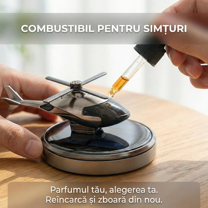 Odorizant Auto Solar Elicopter cu Elice Rotativă, Aromaterapie, Bază Antiderapantă, Ulei Esențial Inclus, Argintiu