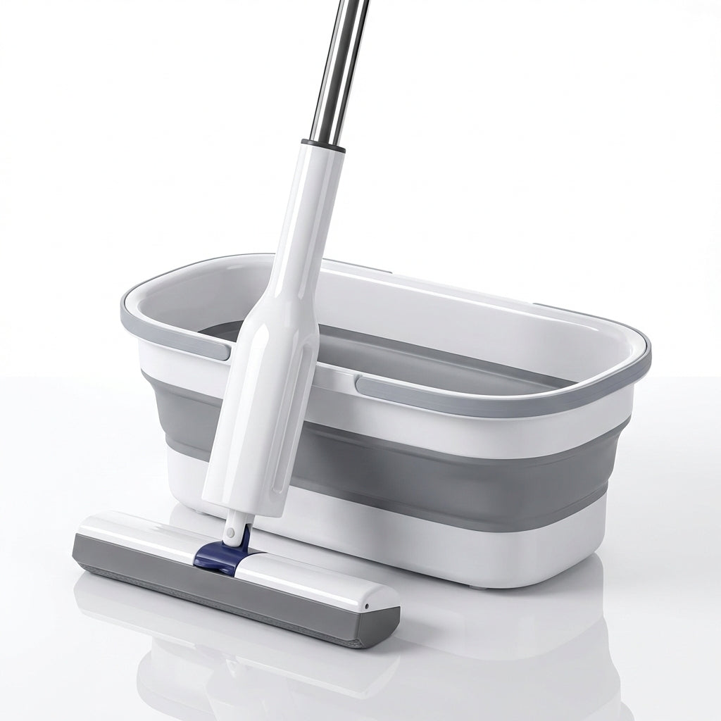 Set Mop Telescopic cu Găleată Pliabilă, Stoarcere Automată, Coadă Inox 140cm, Cap Absorbant 32cm, Gri/Alb