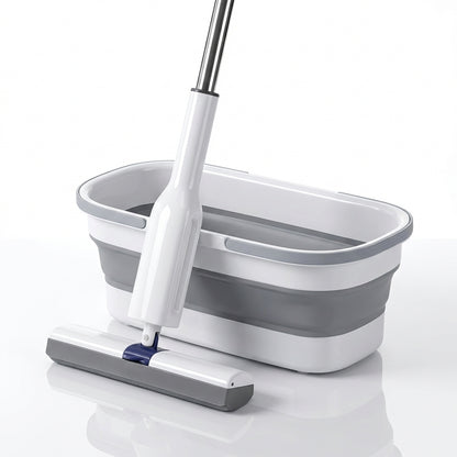 Set Mop Telescopic cu Găleată Pliabilă, Stoarcere Automată, Coadă Inox 140cm, Cap Absorbant 32cm, Gri/Alb