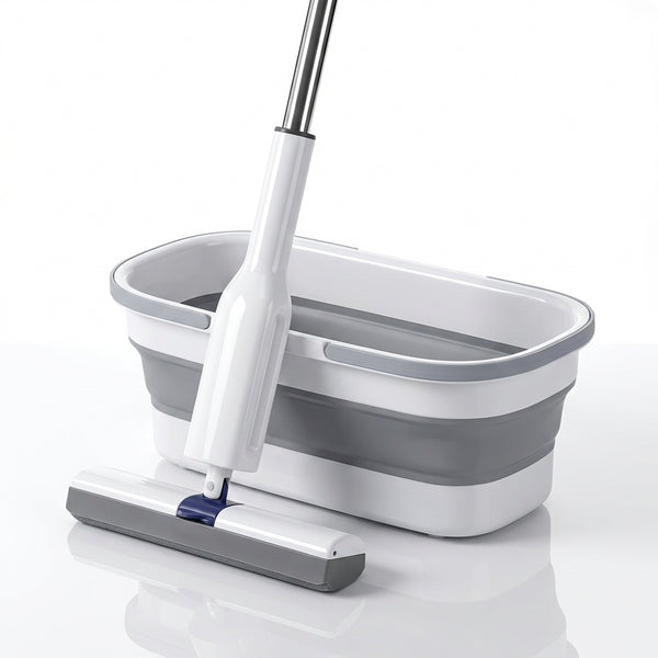 Set Mop Telescopic cu Găleată Pliabilă, Stoarcere Automată, Coadă Inox 140cm, Cap Absorbant 32cm, Gri/Alb