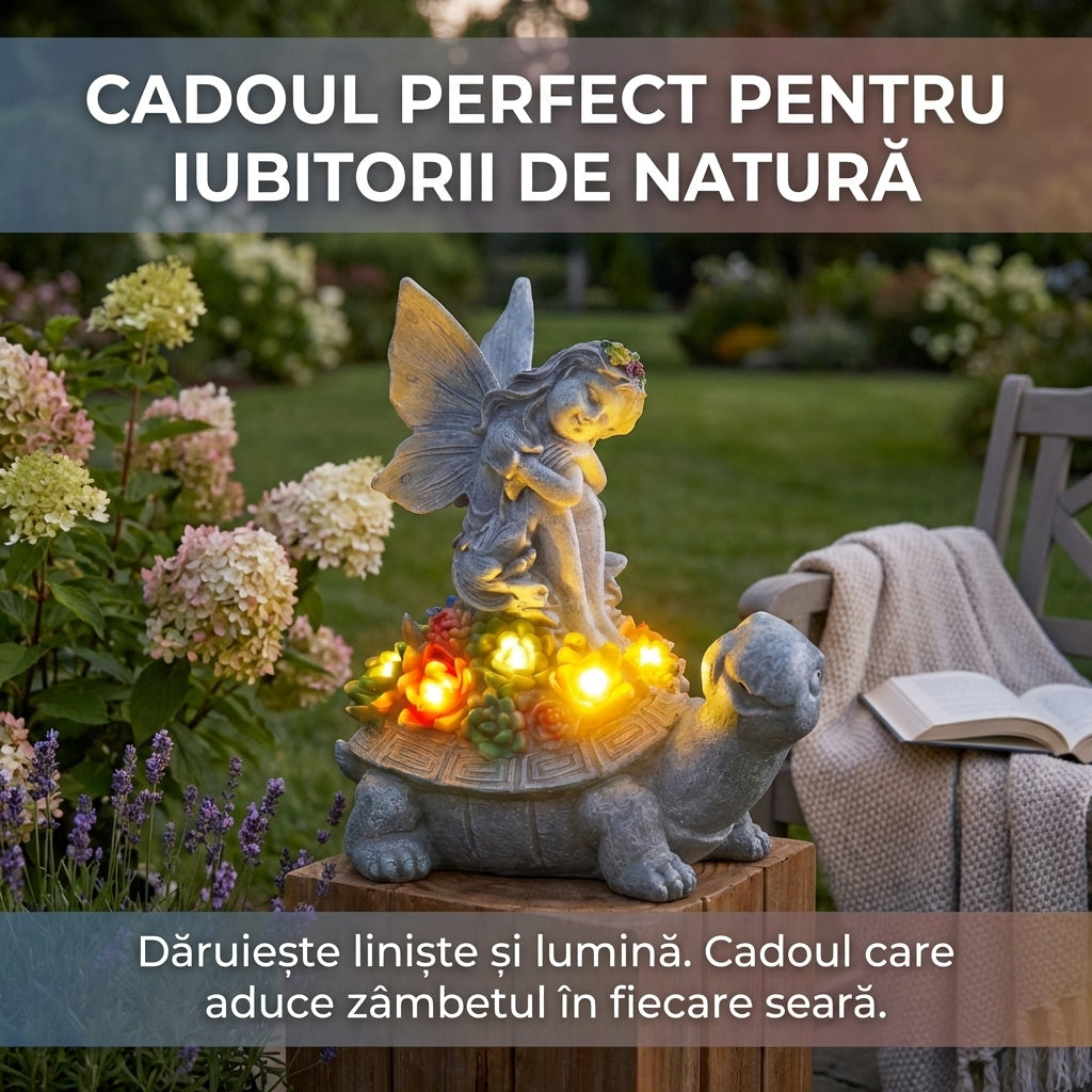 Decorațiune Solară de Grădină: Figurină Zână pe Broască Țestoasă, Rășină, Lumini LED Florale, Design de Basm