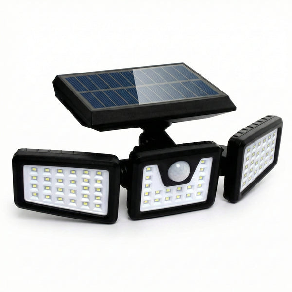 Lampă Solară LED cu 3 Capete Ajustabile, Senzor de Mișcare PIR, 3 Moduri de Iluminare, Impermeabilă IP65