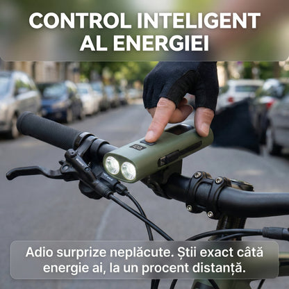 Far LED Bicicletă 3-în-1 cu Power Bank 3000mAh, Afișaj Digital, Încărcare USB-C și Funcție Lanternă, Verde Militar