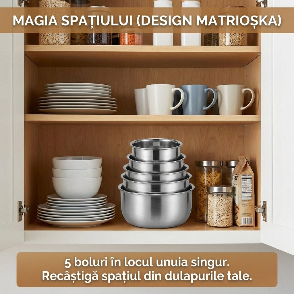 Set 5 Boluri din Inox cu Capac pentru Depozitare Alimente, Organizare Frigider și Călătorii, Stivuibile